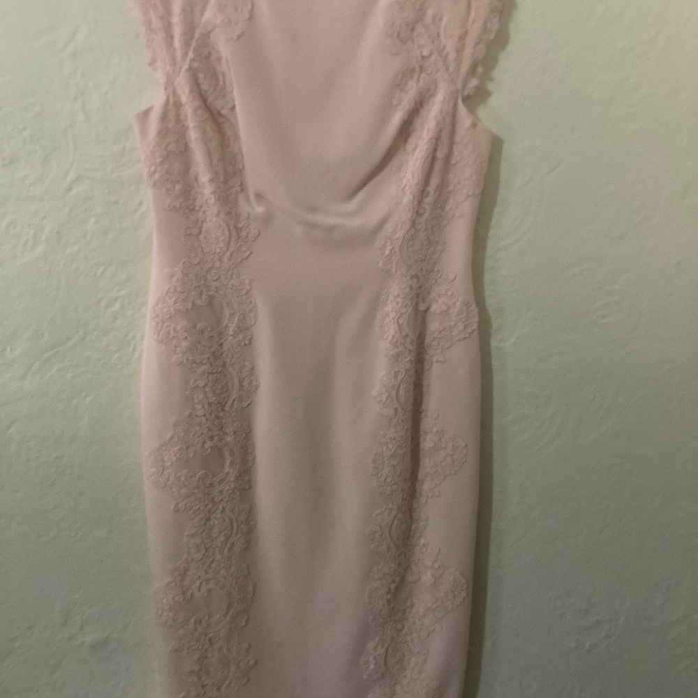 MAGGY LONDON powder pink crepe sheath dress with lace detail